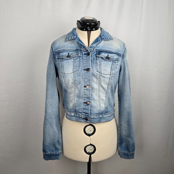 Jessica Simpson Cropped Jean Jacket Women's L Blue Acid Wash - Picture 1 of 16